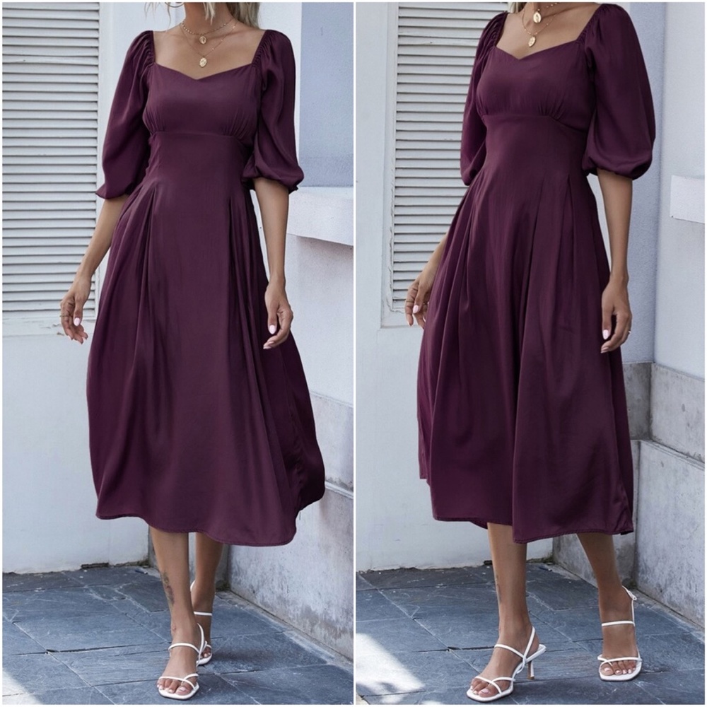 Purple Sweetheart neck short sleeve midi dress